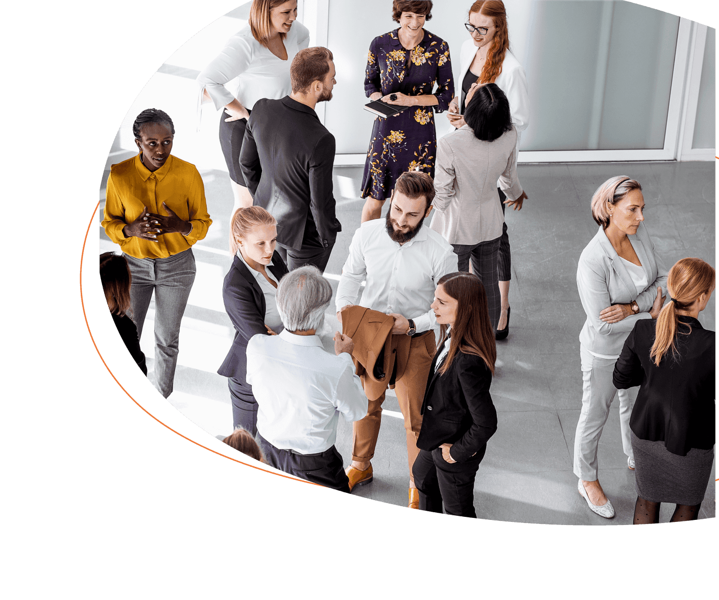 Overhead shot of many employees in a room