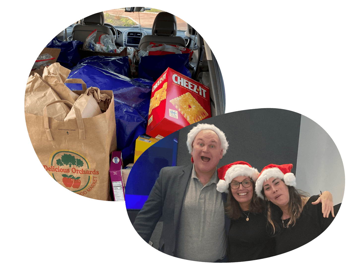 Back of car filled with groceries & Three people wearing Santa hats