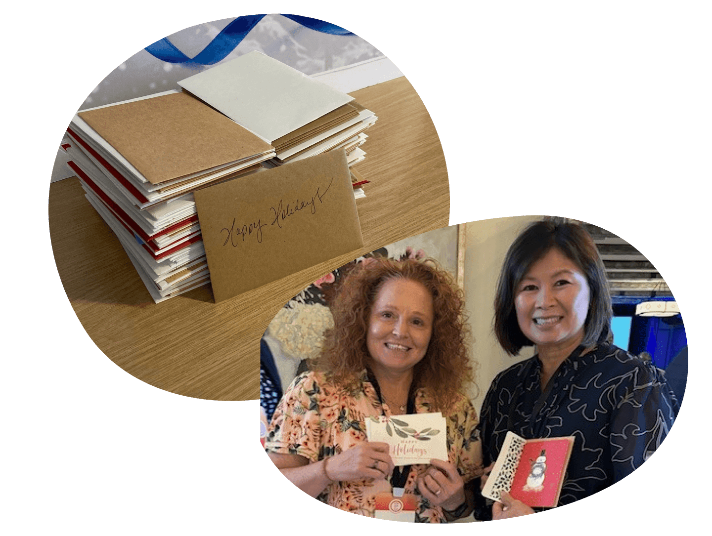 Stack of holiday cards & Two women holding holiday cards